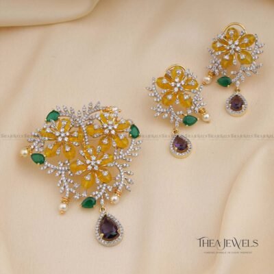Floret Diamond Pendent Set - Yellow And Green